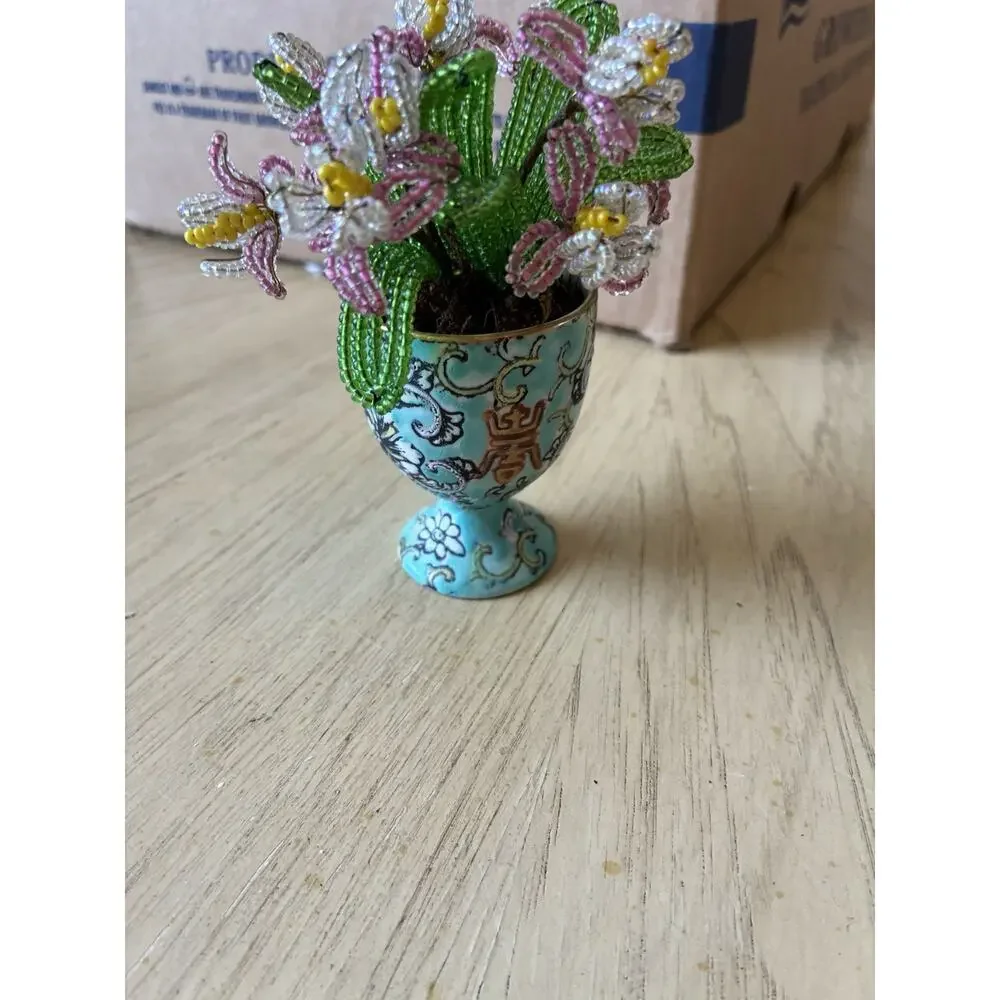 Vintage Handmade French Seed Beaded Flower Floral Bouquet Asian longevity Cup